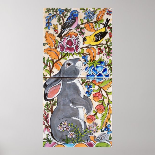 Grey Bunny Rabbit Jacobean Floral Bird Tile Poster (Front)