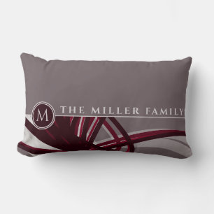 Grey & Burgundy Abstract   Monogram   Family Name Lumbar Cushion