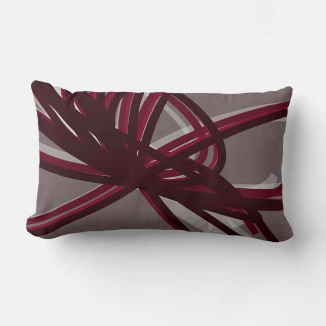 Grey & Burgundy Artistic Abstract Ribbons Lumbar Cushion (Front)