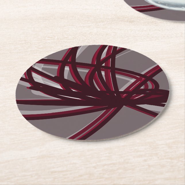 Grey & Burgundy Artistic Abstract Ribbons Round Paper Coaster (Angled)