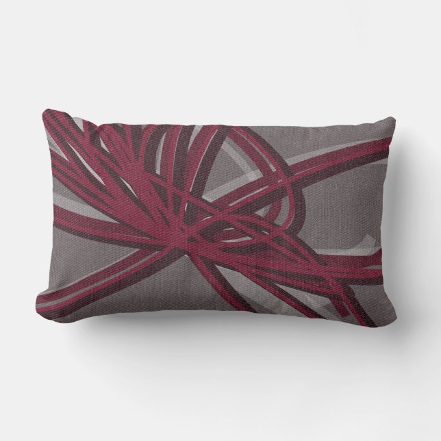Grey & Burgundy Artistic Ribbons Fabric Texture Lumbar Cushion (Front)