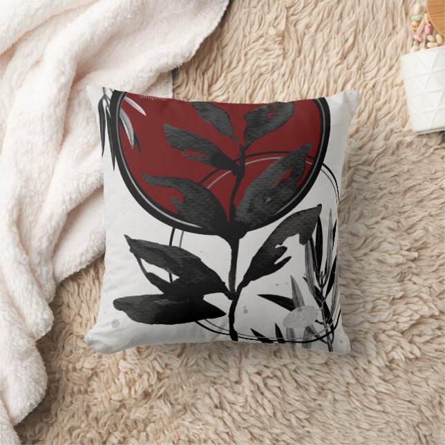 Grey Burgundy & Black Watercolor Leaves Cushion (Blanket)