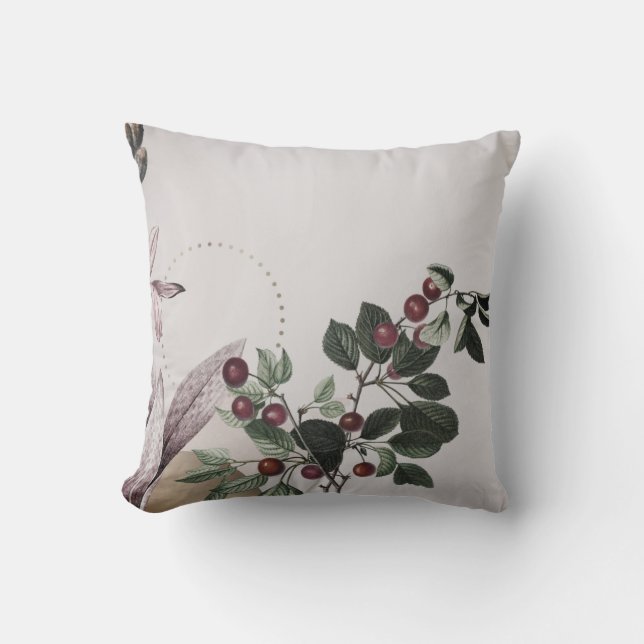 Grey & Burgundy Botanical Print | Cherries Cushion (Front)