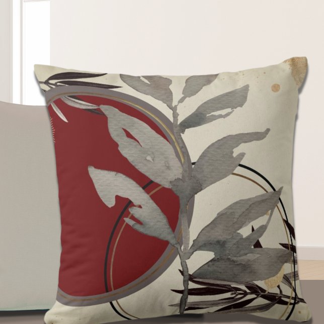 Grey Burgundy & Cream Artistic Watercolor Leaves Cushion (Creator Uploaded)