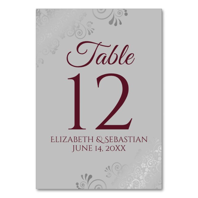 Grey & Burgundy Elegant Filigree Wedding Table Number (Back)