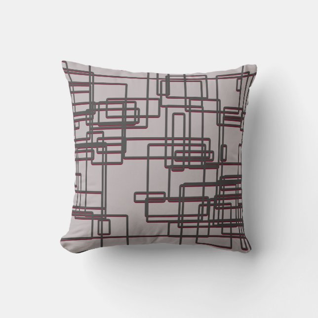 Grey & Burgundy Mid-Century Modern Geometric Cushion (Front)