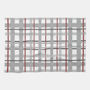 Grey Burgundy Plaid Stripes Pattern Tea Towel