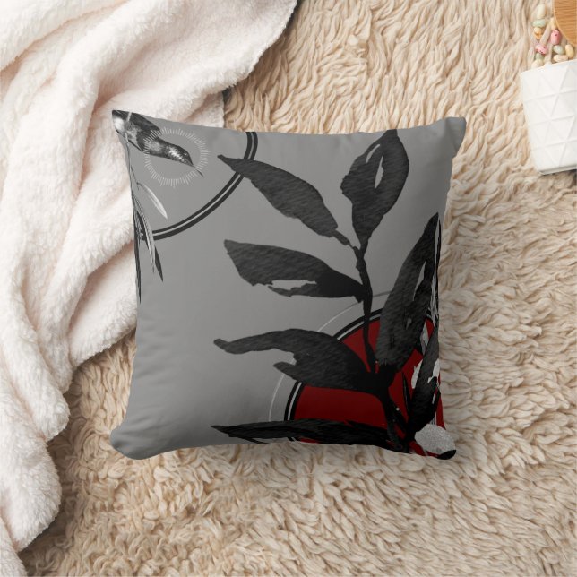 Grey Burgundy Red & Black Watercolor Botanical Cushion (Blanket)