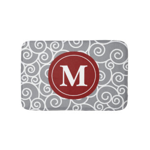 Grey burgundy Swirls Monogram Bathmat