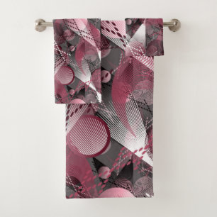 Grey, Burgundy, white abstract pattern. Bath Towel Set