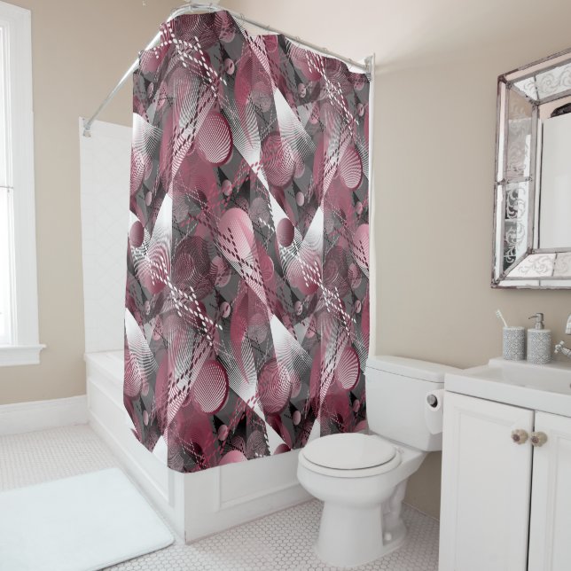 Grey, Burgundy, white abstract pattern. Shower Curtain (In Situ)