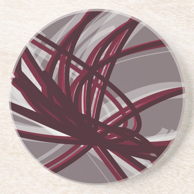 Grey & Burgundy Wine Coloured Abstract Ribbons Coa Coaster (Front)