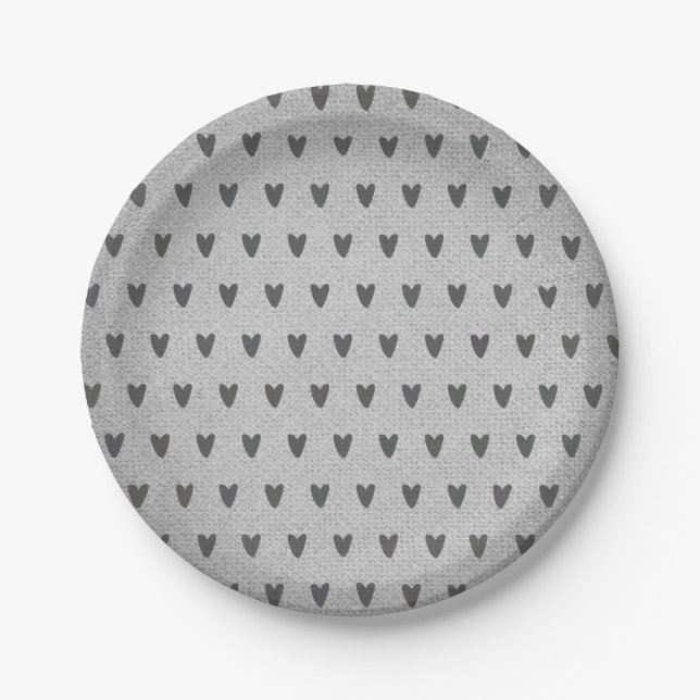Grey Burlap Whimsical Hearts Rustic Farmhouse Paper Plate (Front)