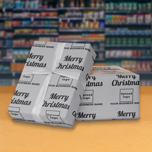 Grey | Business | Christmas Wrapping Paper (Business name and logo with Merry Christmas greeting on gray wrapping paper)