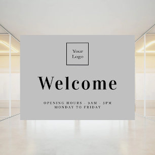 Grey business logo welcome opening hours window cling
