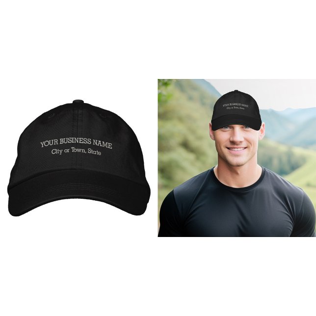 Grey Business Text Embroidered on Cap (Business name and location embroidered on cap in gray thread)