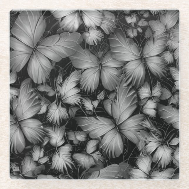Grey Butterflies Print Glass Coaster (Front)