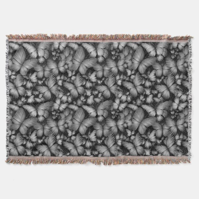 Grey Butterflies Print Throw Blanket (Front)