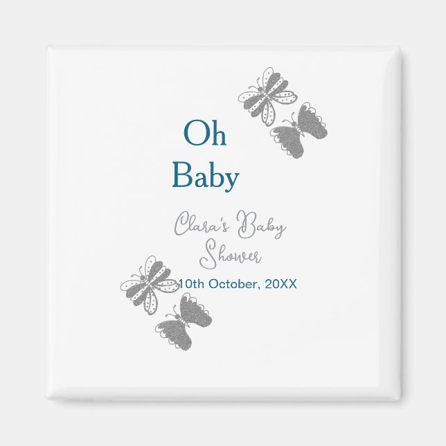 Grey butterfly blue baby shower oh baby modern ext magnet (Front)