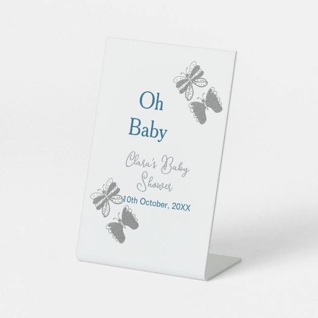 Grey butterfly blue baby shower oh baby modern ext pedestal sign (Front)