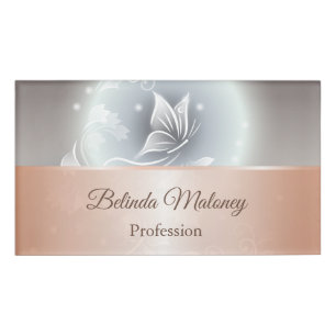 Grey Butterfly Floral Rose Gold Name Tag