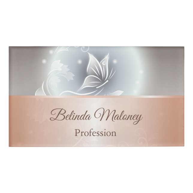 Grey Butterfly Floral Rose Gold Name Tag (Front)