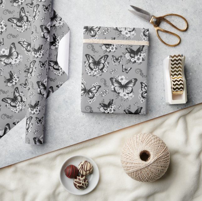 Grey Butterfly Pattern Gift Wrapping Paper (Crafts)