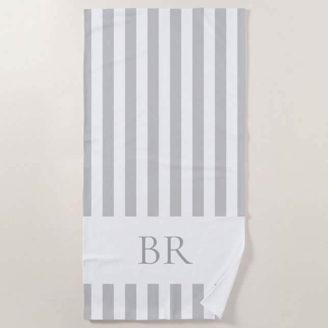 Grey Cabana Stripe Custom Monogram Beach Towel (Front)