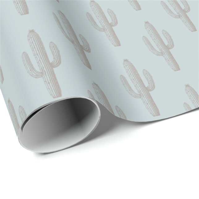 Grey Cactus Pattern Blue Wrapping Paper (Roll Corner)