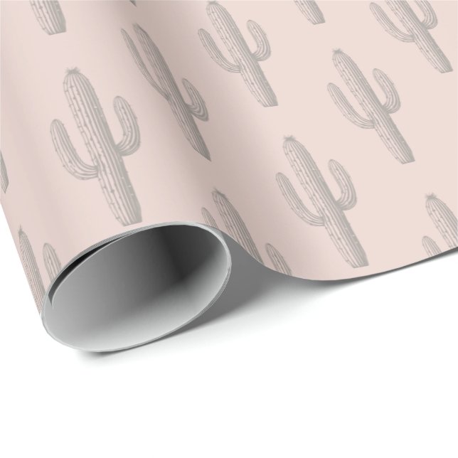 Grey Cactus Pattern Pink Wrapping Paper (Roll Corner)