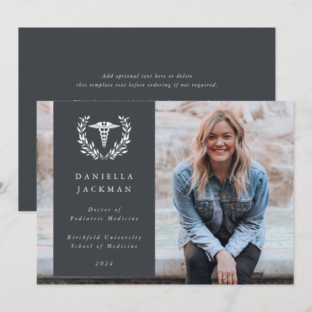 Grey Caduceus Medical School Graduation Photo Announcement (Front/Back)