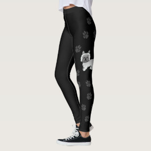 Grey Cairn Terrier Cute Cartoon Dog & Paws Black Leggings