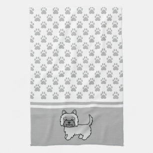 Grey Cairn Terrier Dog Drawing & Grey Paws Pattern Tea Towel