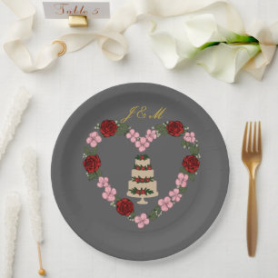 Grey cake topper plate with pink and red heart