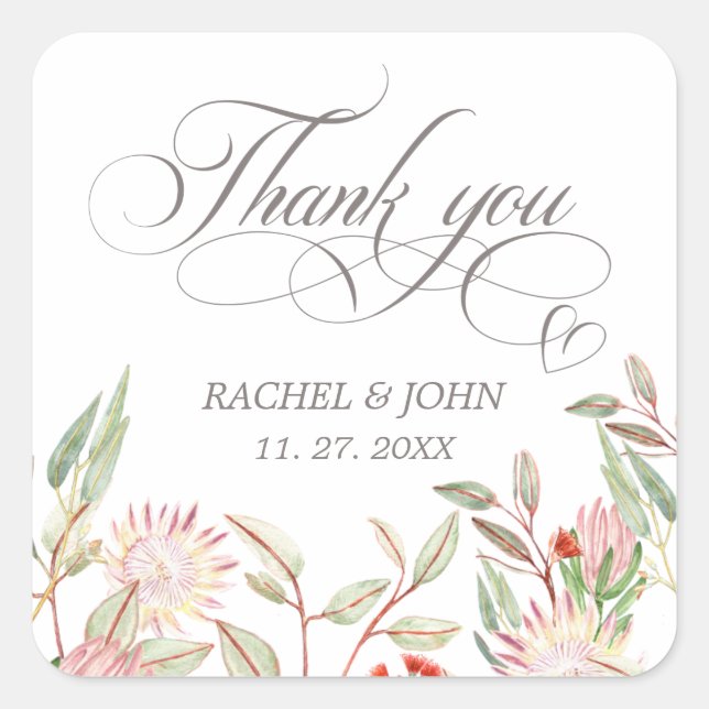 Grey Calligraphic Script Thank You Heart Wedding Square Sticker (Front)