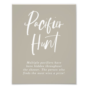 Grey Calligraphy Pacifier Hunt Baby Shower Sign