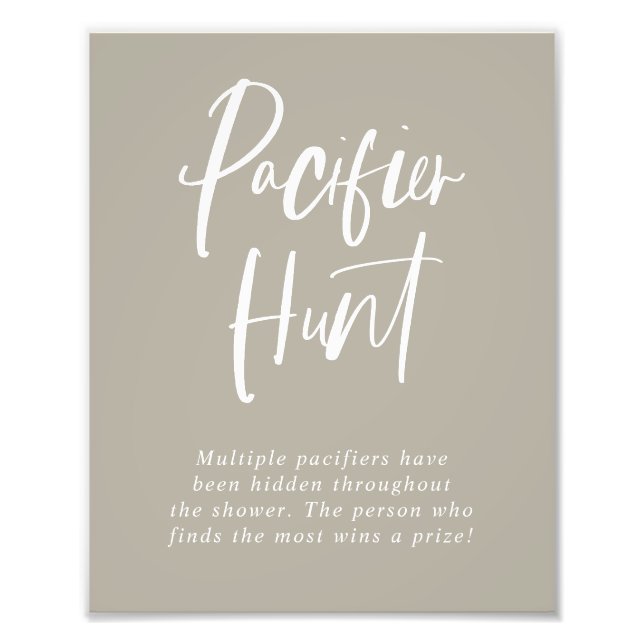 Grey Calligraphy Pacifier Hunt Baby Shower Sign (Front)