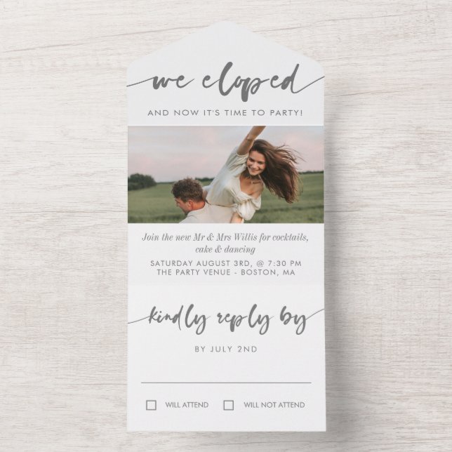 Grey Calligraphy Photo Elopement Party All In One Invitation (Inside)