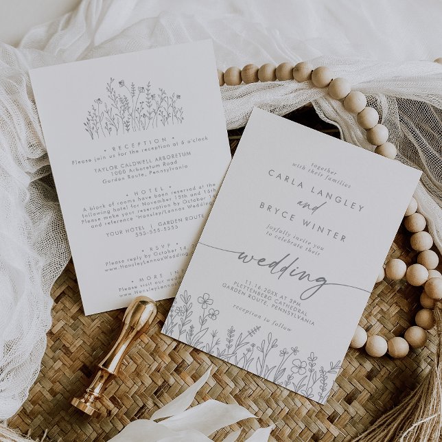 Grey Calligraphy Wildflower Front and Back Wedding Invitation (Creator Uploaded)