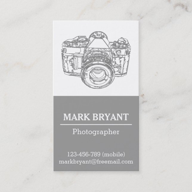 Grey Camera Drawing, Photographer Business Card (Front)