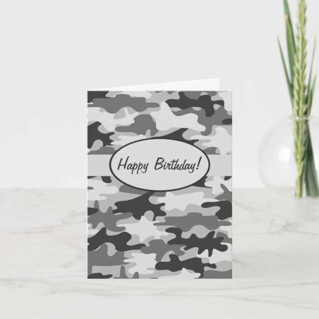 Grey Camo Camouflage Happy Birthday Custom Card (Front)