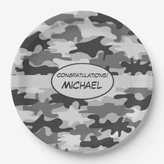 Grey Camouflage Congratulations Name Personalised Paper Plate