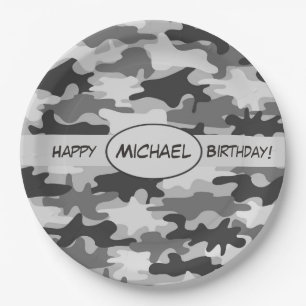 Grey Camouflage Happy Birthday Name Personalised Paper Plate