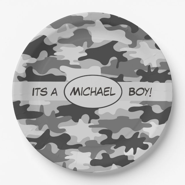 Grey Camouflage Its A Boy Name Personalised Paper Plate (Front)