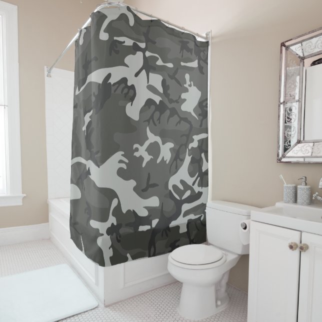 Grey Camouflage Pattern, Military Pattern, Army Shower Curtain (In Situ)