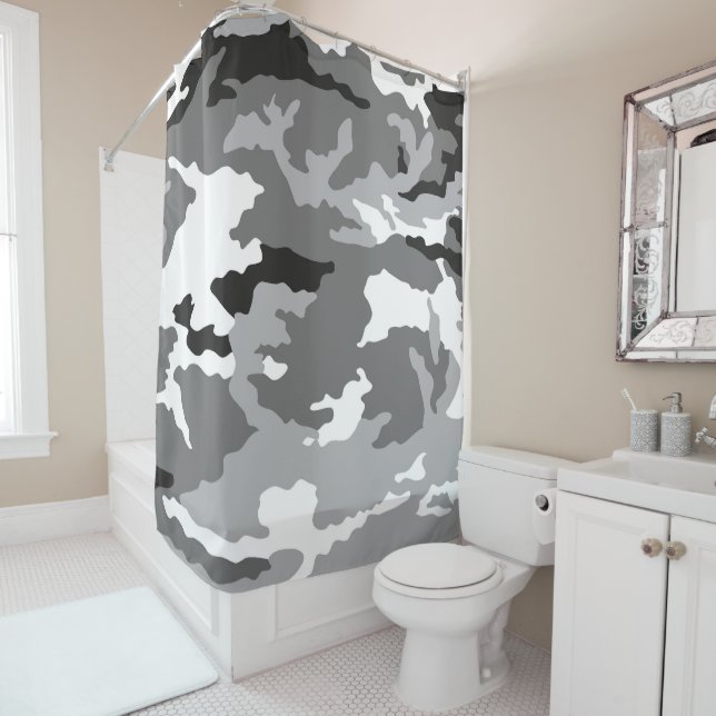 Grey camouflage pattern shower curtain (In Situ)