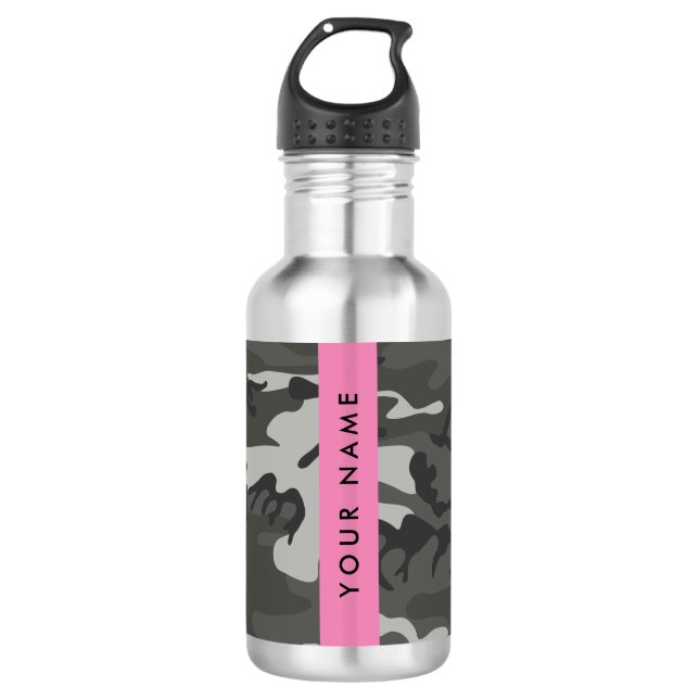 Grey Camouflage Pattern, Your name, Personalise 532 Ml Water Bottle (Front)