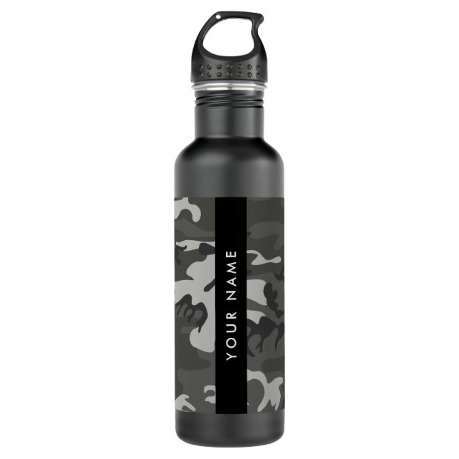 Grey Camouflage Pattern, Your name, Personalise 710 Ml Water Bottle (Front)