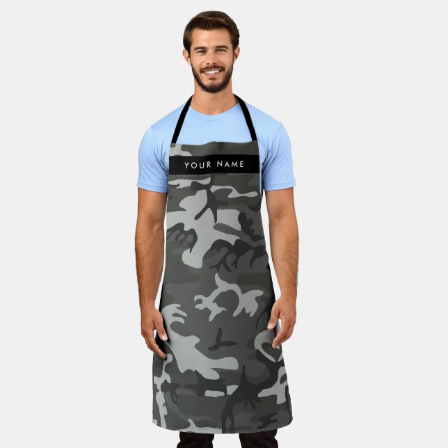 Grey Camouflage Pattern, Your name, Personalise Apron (Worn)
