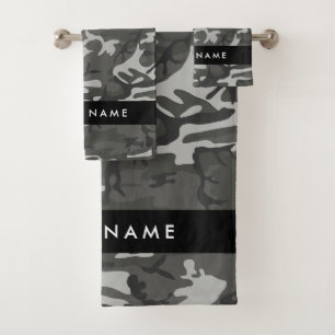 Grey Camouflage Pattern, Your name, Personalise Bath Towel Set